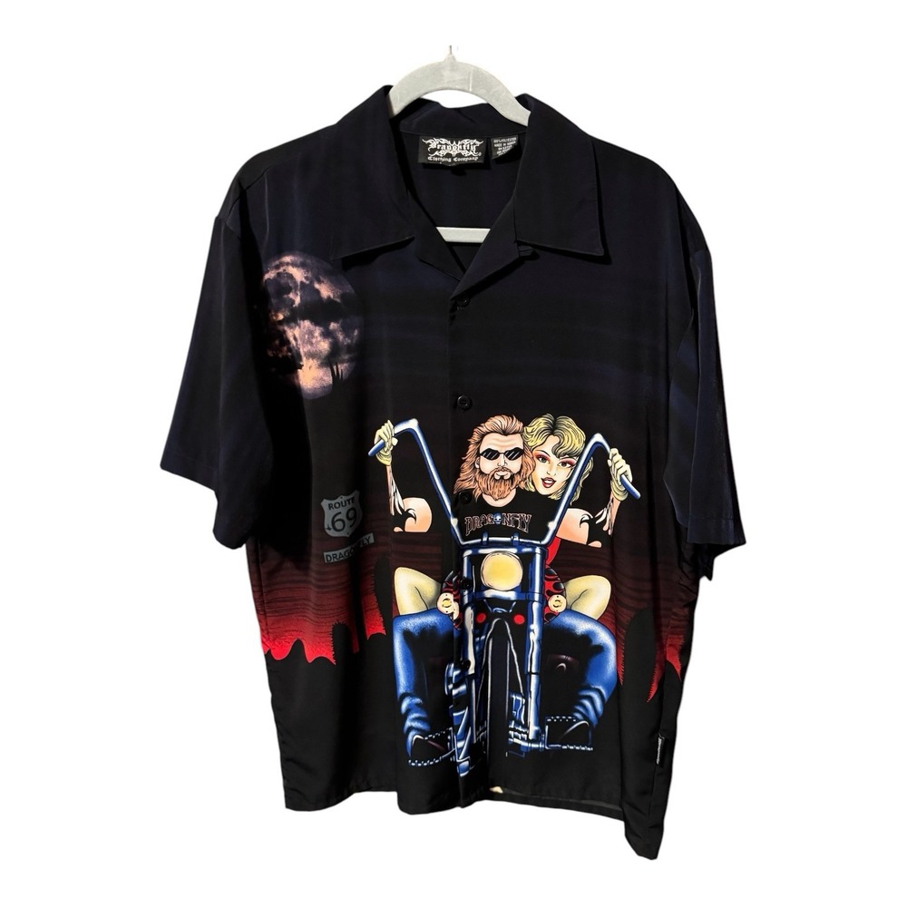 Vintage Y2K Dragonfly Route 69 Shirt Button Up Biker Girl & Motorcycle Sz L Tb13